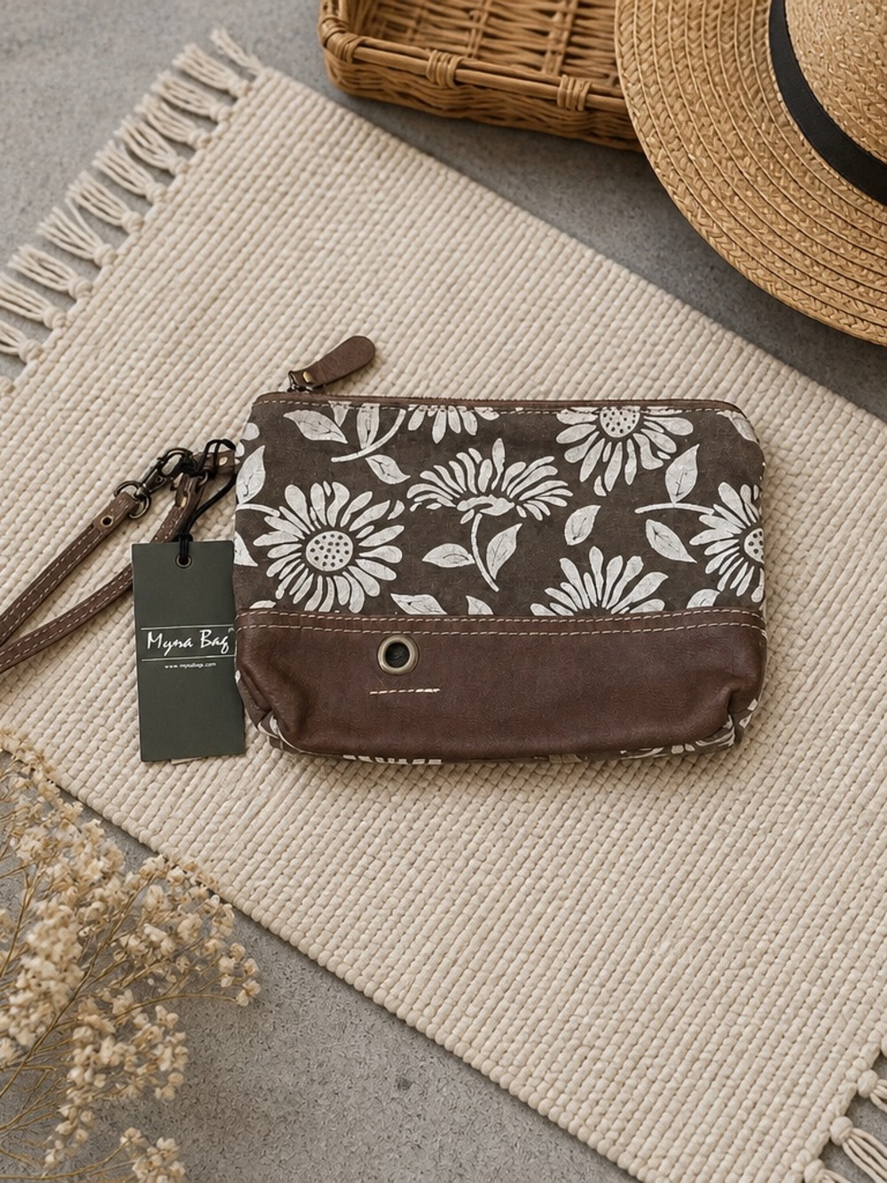 Myra Bag Brown & White Floral Canvas Wristlet